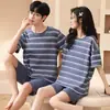 Pijama de Pareja para Mujer Verano Manga Corta Shorts Cuello Redondo Pulóver Algodón Casual Casual Coreano Cuadros Conjunto de Ropa para el Hogar