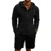 Conjunto de Verano Casual de Lino Transpirable Holgado Estilo Americano Transfronterizo para Hombre, Sencillo, Manga Larga, con Capucha, Shorts, Color Sólido