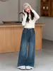 Pantalones vaqueros anchos para niña, nuevos de otoño 26 con ribete de encaje, pantalones largos rectos de cintura alta casual para niños grandes de primavera y otoño
