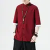 Camisa Masculina de Linho com Fivela Manga Curta Estilo Chinês Verão Masculina Meia-manga Traje Tang Estilo Antigo Algodão e Linho Hanfu Terno Zhongshan Chinês