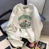 Moletom com Capuz Estampado de Design Coreano Redutor de Idade com Gola Redonda para Mulheres no Outono e Inverno com Forro de Lã e Aconchegante Tamanho Grande Manga Longa Quente