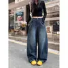 Jeans Vintage de Pierna Ancha de Tiro Alto Azul Profundo Estilo Europeo para Mujer, Ajuste Holgado Primavera y Verano, Adelgazantes, Versátiles, Dobladillo Curvo, Pantalones de Longitud Completa