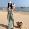 Conjunto de Pantalones Anchos de Gasa con Abertura, Camisola Bikini Hueca, Estilo Vacaciones en la Playa para Mujer, Ropa de Protección Solar para el Verano en la Playa