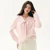 Suéter de cachemira para bebé con lazo para mujer, cuello en V, elegante, con cintas fluidas, tejido suelto y suave, top térmico de lana