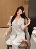 Pijama Feminino de Seda Gelada Estilo Francês Novo Estilo Primavera 2026 com Babados, Estilo Puramente Sensual, Roupa de Casa de Alta Qualidade de Manga Curta Que Pode Ser Usada Fora