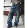 Comércio Transfronteiriço Retrô Americano Resistente Rebite Jeans Lavado Outono e Inverno Cintura Alta Modelador Solto Perna Larga Comprimento Total Calças