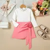 Ropa Infantil de Primavera y Otoño para Niñas Europeas y Americanas Top de Manga Larga con Cuello Alto y Pedrería Falda Body Pantalones Conjunto de Dos Piezas Temperamento Moda Versátil