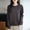 Suéter de malha simples 100% algodão com gola redonda para mulheres, camisa base versátil de manga longa, suéter top que afina e aquece