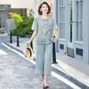 2026 Nueva Ropa de Mujer Moda de Verano Conjunto de Dos Piezas de Gasa de Manga Corta para Señoras de Mediana Edad y Mayores