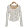 AY822-26 Otoño Coreano Suave Fragante Oxígeno Belleza Chica Estilo Puro Deseo Cuello U Grande Encaje Manga Larga Camiseta Camiseta Básica para Mujer