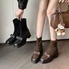 Botas Cortas Ajustadas de Gamuza con Costuras y Lazo para Niña Dulce con Falda Invierno 2025 Tacón Medio Grueso Punta Redonda Elásticas