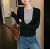 Suéter de punto slim-fit de lana con cuello en U grande, estilo falso dos piezas, de Maven Lin, para mujer, corte holgado para primavera y otoño