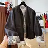 Chaqueta Corta de Cuero PU Reversible de Alta Gama Estilo Retro Flor de Anacardo para Mujer en Otoño, Chaqueta de Cuero Redonda Muy Hermosa