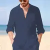 Nova Camisa de Linho Masculina de Manga Longa, Camisa Casual de Praia com Caimento Solto e Colarinho, Camisa Lisa de Manga Longa