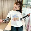 Camiseta infantil de manga comprida 100% algodão, blusa estampada de outono para meninas com efeito de duas peças, roupa de primavera e outono para bebês e crianças pequenas