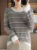 Estilo Novo Primavera e Outono 100% Algodão Tricô Gola Redonda Versão Coreana Simples Cor Contrastante Listrado Manga Longa Moda Blusa Feminina