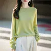 Suéter de Punto de Lino Nuevo Otoño/Invierno 2026 con Borde Enrollado, Cuello Redondo, Manga Larga, Color Sólido, Corte Holgado, Camisa Básica para Mujer