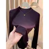 Camiseta Básica de Color Sólido con Cuello Semi-Alto, Adelgazante, Manga Larga, Capa Base para Mujer, Camiseta Versátil para Usar por Debajo, para Viajes al Trabajo y Uso Casual, Top de Otoño