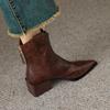 Botas Vaqueras Retro Francesas de Cuero Suave con Boca en V para Mujer Otoño e Invierno Nuevo Look Elegante Adelgazante Tacón Medio Grueso Botines Chelsea