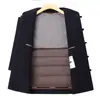 Casaco de Lã Estilo Chinês com Botões, Novo Modelo Outono/Inverno, Forro de Penas Removível, Casaco de Lã Dupla Face, Roupa Externa Masculina