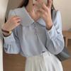 Blusa de Chiffon com Gola Peter Pan Feminina Primavera/Verão Nova Francesa Retrô Manga Bufante Confortável Temperamento Top
