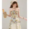 Top de tubo de doble capa, top de tubo floral irregular con fruncido en la cintura para mujer, blusa estampada de verano