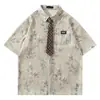Camisa de Manga Corta con Estampado de Bambú y Tinta Texturizada Estilo Nacional Diseño Unisex Holgada Casual Moderna