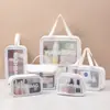 Bolsa de tres piezas transparente de PU para maquillaje y artículos de tocador, bolsa de baño de PVC de gran capacidad, bolsa de almacenamiento portátil semitransparente esmerilada para mujer