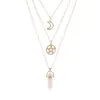 Collar Colgante de Ágata Columna Hexagonal Transfronterizo Europeo y Americano Cadena para Clavícula de Mujer Luna Hueca Estrella de Cinco Puntas Collar Multicapa
