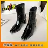 Botas de jinete adelgazantes de moda, botas de tacón grueso de tacón alto, estilo popular para mujer, botines de charol con punta cuadrada hasta la mitad de la pantorrilla, nueva colección de invierno 2026