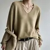 Nuevo Suéter de Punto de Hilo de Algodón 2026 Otoño/Invierno con Borde Enrollado, Cuello en V, Manga Larga para Mujer, Color Sólido, Holgado, Suéter, Prenda Base