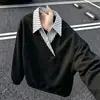 Moletom falso de duas peças para homens, blusa listrada solta com gola virada para outono e inverno, camisa básica casual da moda estilo americano