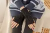 Guantes de Lana Tejida Cálidos de Medio Dedo sin Dedos Estilo Coreano Otoño e Invierno para Mujer Cortos Rombo Lindos Modernos Mangas Falsas