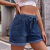 Europeas y Americanas Exportación Transfronteriza Amazon Nuevas Cintura Elástica Cordón Casual Cintura Alta Wish Shorts de Mezclilla de Borde Crudo para Mujer Modernos
