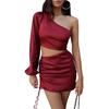 Vestido Curto Sexy de Ombro Único com Cordão Estampado Escuro de Cor Única Novo Estilo Transfronteiriço Primavera e Verão Europeu e Americano 8622