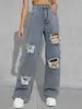 Calça jeans de cintura alta, corte reto, solta, comprimento até o chão, com lavagem azul desgastada e rasgos, tendência europeia e americana, para afinar a silhueta