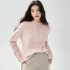 Suéter de malha de cashmere feminino para outono e inverno com bainha enrolada, gola semiaberta, botões, caimento solto, peça básica de manga comprida, múltiplos botões