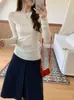 Camiseta de manga larga para mujer, estilo coreano, cuello redondo, borde enrollado, tejido de punto, lana 100% Merino, corte ajustado, para principios de otoño