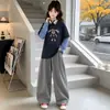 Conjunto de Outono para Meninas 2026 Novo Estilo Menina Grande Versão Coreana Moletom com Manga de Xadrez Falso Duas Peças Calça Casual Conjunto de Duas Peças Tendência