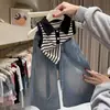 Ropa de verano estilo coreano para niñas pequeñas: Top sin mangas de cuello polo para niños, talla mediana y grande, con pedrería brillante degradada y pantalones vaqueros de pierna ancha