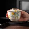 Tazón de cerámica de alta calidad para té kung fu, con tapa, taza de té antiquemaduras, cubierta pintada a mano gris fábrica hierba y madera