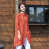 2023 Primavera Nuevo Estilo Azul Marino Algodón y Lino Camisa de Manga Tres Cuartos para Mujer Top Retro Bordado de Longitud Media