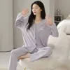 Pijama de algodón elástico jacquard de doble cara para mujer, cárdigan de primavera y otoño, manga larga, cómodo, se puede usar afuera, conjunto casual para el hogar