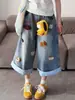 Pantalones de Mezclilla Bordados Patchwork Retro de Dibujos Animados Americanos de Moda para Mujer, Verano, Corte Holgado, Pantalones Acortados de Pierna Ancha Adelgazantes