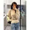 Suéter de tricô cinza estilo coreano, gola V, acinturado, macio, para mulheres, novo top de manga longa emagrecedor para outono e inverno