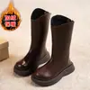 Botas de couro com forro de fleece para crianças de 6 a 12 anos, novas botas de cano médio para meninas de outono e inverno, antiderrapantes e resistentes ao desgaste, botas quentes de algodão para crianças mais velhas