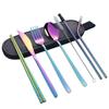 Conjunto de Canudos de Aço Inoxidável 304 para Amazon Transfronteiriço Utensílios de Mesa Portáteis Faca, Garfo, Colher e Hashis Conjunto de 7 Peças com Tampa de Silicone