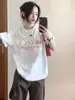 Camiseta de algodón puro de manga corta para mujer 2026, diseño con estampado de gato, estilo nicho americano de alta calle, top holgado de media manga