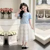 Moda Feminina 2026 Xale Listrado Elegante de Manga Curta Estilo Doce de Princesa Acabamento em Renda Saia Bolo Conjunto de Duas Peças
