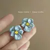 Brincos de Zircônia Azul Nebuloso Relevo Flor Rosa Esmalte Pingado Retrô Francês para Mulheres, Luxo Acessível, Elegante de Nicho de Alta Qualidade
